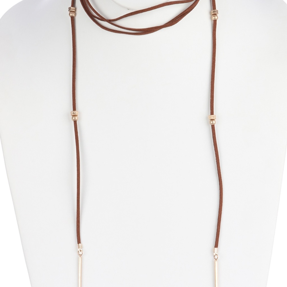 Brown & Gold Accent Leather Wrap Choker Necklace